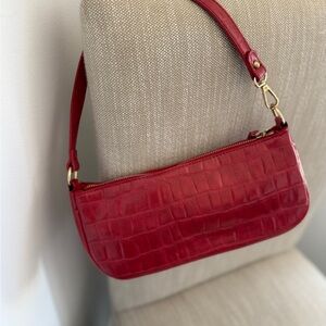 Aqua Red Crocodile-Embossed Shoulder Bag W/ Gold Hardware